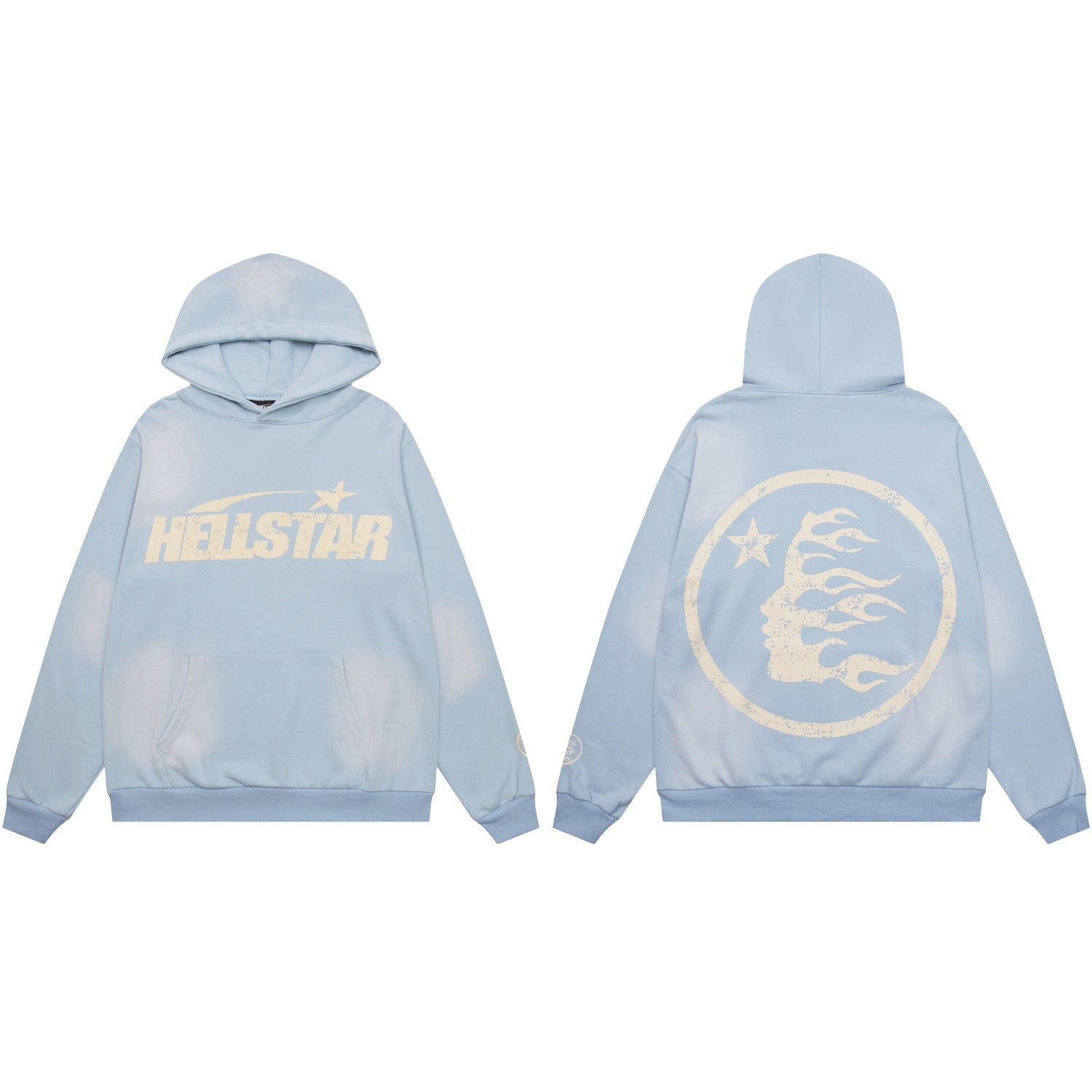 This Hellstar Washed Black Flame Face Circle Graphic Hoodie in LightBlue features "HELLSTAR" and a star on the front, with a bold circular flaming skull and star graphic on the back for standout streetwear style.