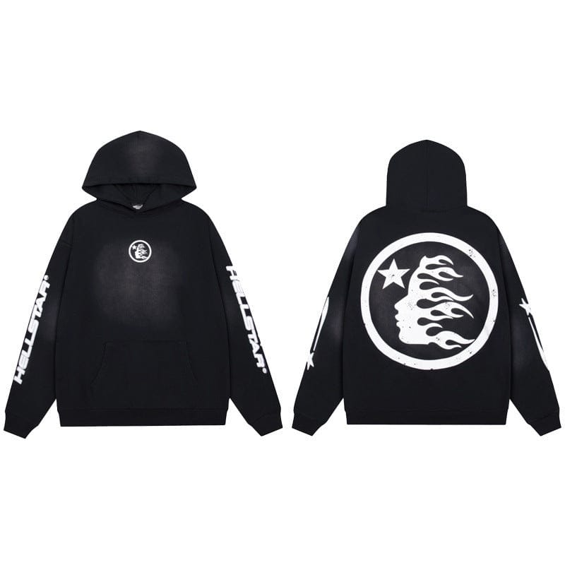 The black Hellstar Washed Orange Flame Face Circle Logo Hoodie features a circular logo on the front, "HALLOWEEN" text on the sleeves, and a bold orange flame face graphic with a star on the back.