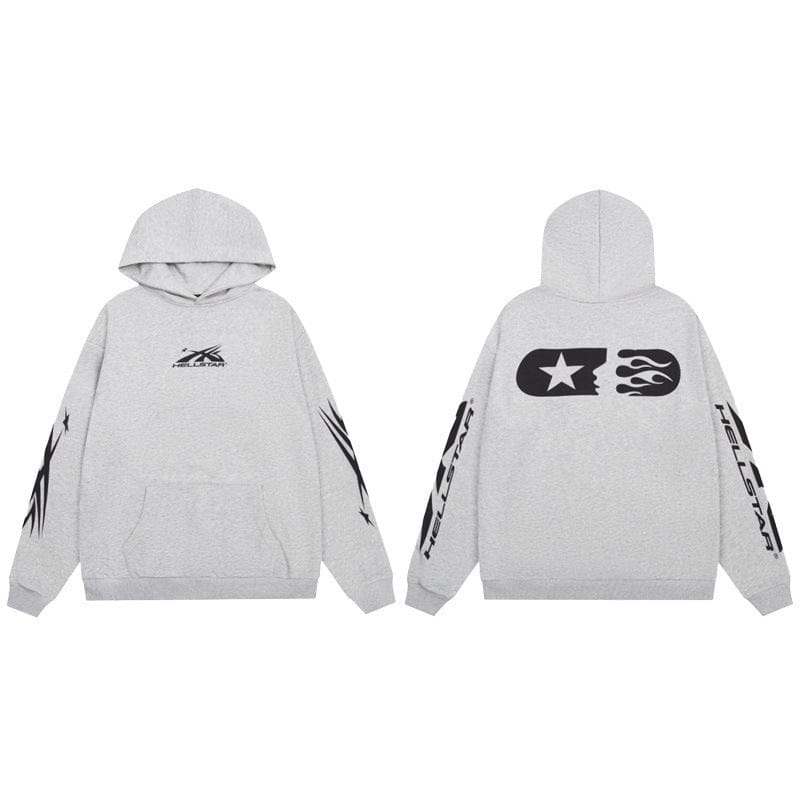 Front and back view of the gray Hellstar Black & Yellow Star Flame Pill Graphic Hoodie, featuring black graphic designs on the chest, sleeves, and back.