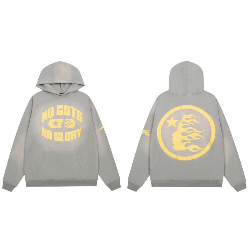 Gray Hellstar Washed Royal Blue 'No Guts No Glory' Flame Face Hoodie: features yellow “NO GUTS NO GLORY” text with symbols on the front and a bold yellow flame and star graphic on the back; a standout vintage-washed streetwear piece.