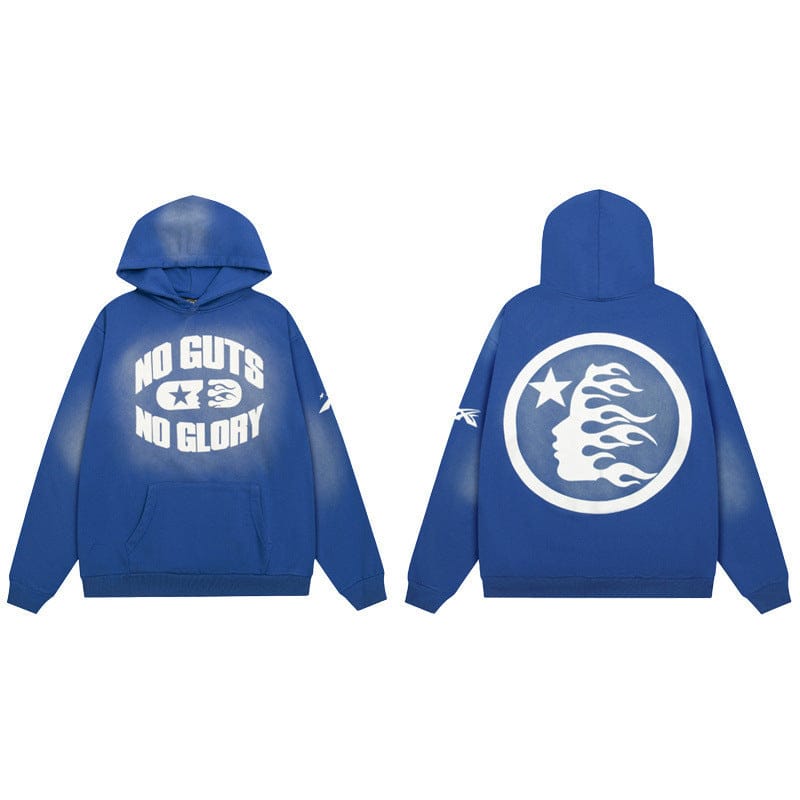 The Hellstar Washed Royal Blue 'No Guts No Glory' Flame Face Hoodie features a blue vintage wash, front fist graphic with slogan, and bold face-and-flame star design on the back, channeling classic streetwear style.