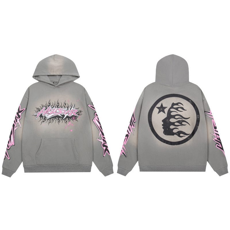 Hellstar Washed Grey Pink Flame Graffiti & Moon Face Circle Hoodie shown front and back; front displays stylized flaming text, sleeves have pink and white vintage streetwear graphics, back features a black moon face circle with flame design.