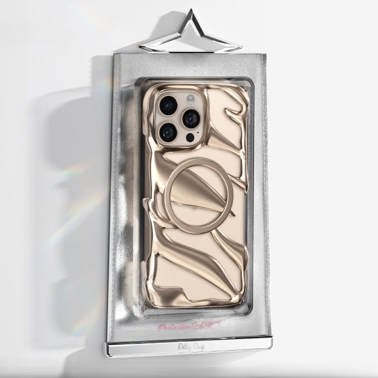 The iPhone 16 Pro Max Liquid Metal Shockproof Case, in gold and featuring a unique abstract design with a circular grip, military-grade drop protection, N52 magnets, and raised camera protection, is displayed attractively in its packaging.