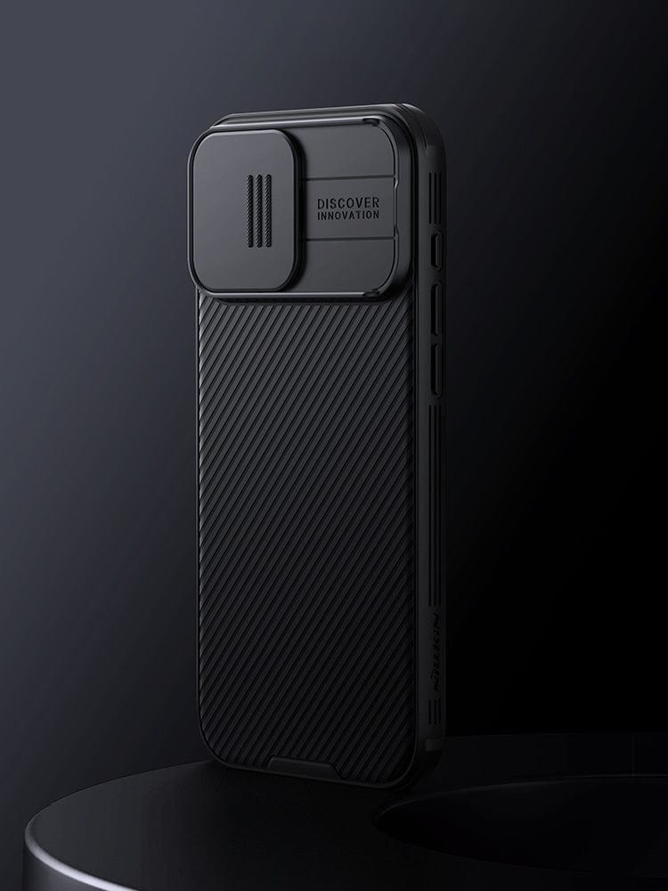 Displayed on a dark background, the iPhone 16 Pro Max Camera Slider Case boasts a black color with dual-layer protection, a sliding camera cover, textured back, and side buttons.