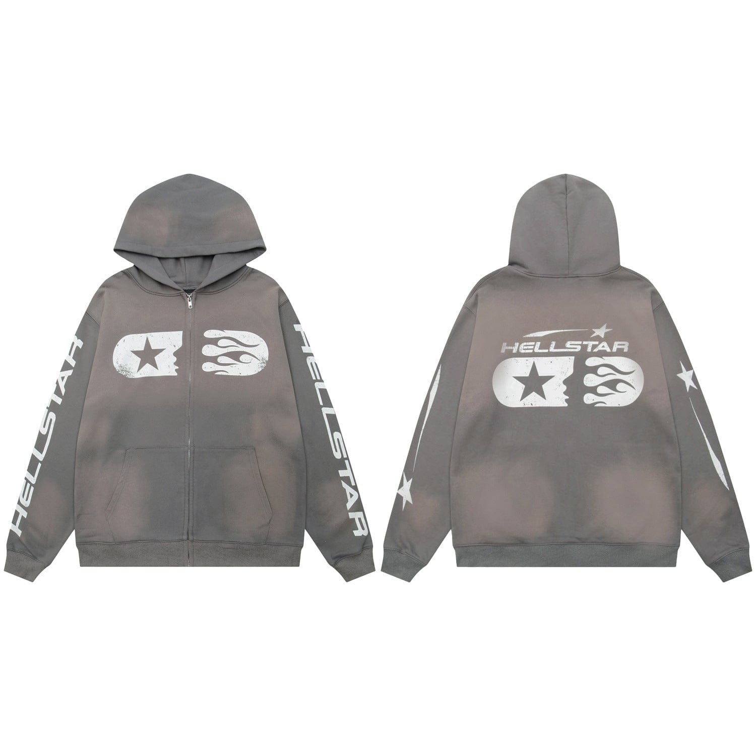 Front and back views of the Hellstar Washed Grey Star & Flame Zip-Up Hoodie, featuring "HELLSTAR" text, sleeve flame graphics, and a bold star-and-flames logo on the back for a standout Y2K streetwear vibe.