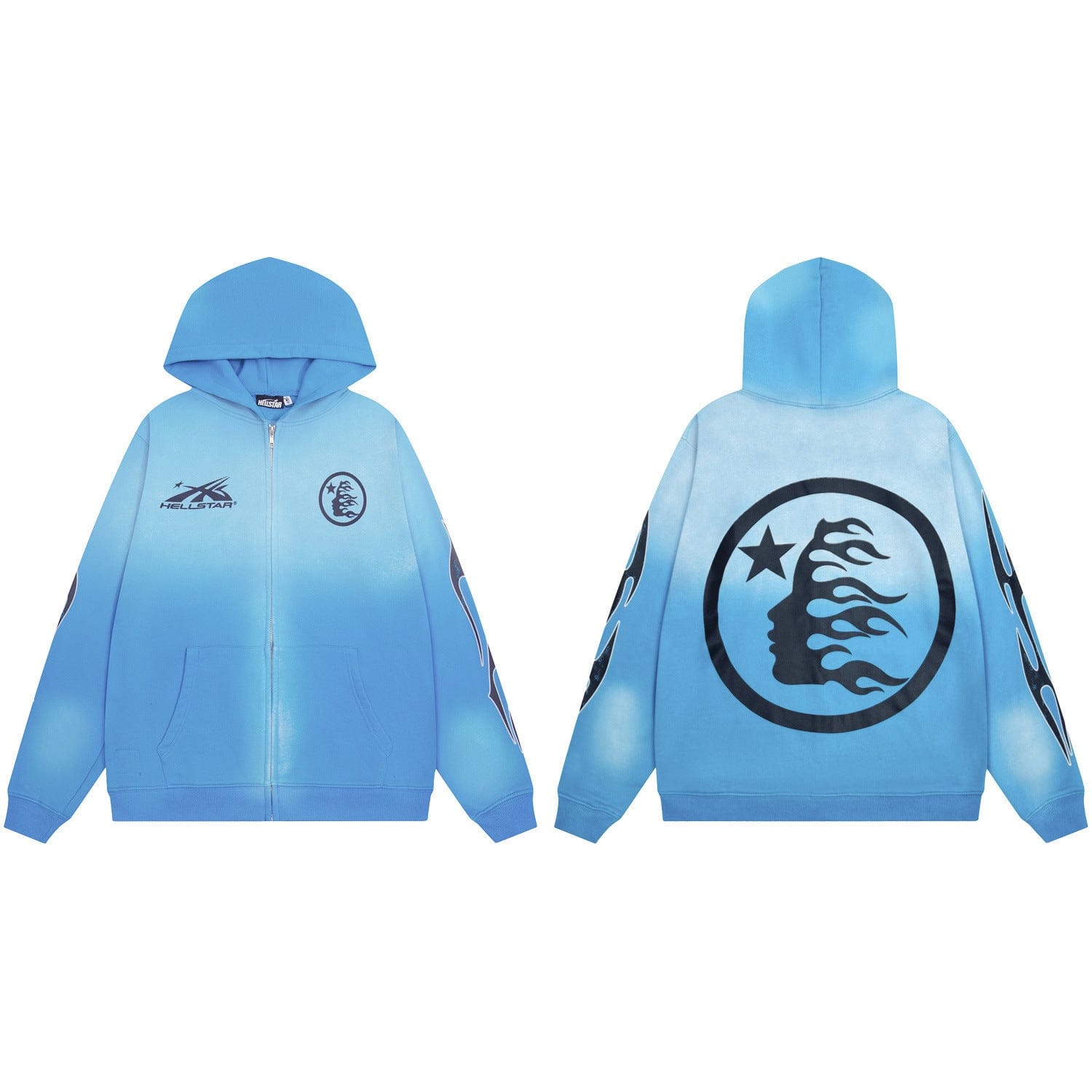 The Hellstar Sky Blue Washed Flame Face Circle Zip-Up Hoodie features a gradient acid wash, flame graphics on the sleeves, and a bold black circular face with flames and star details on the back for a vintage streetwear vibe.