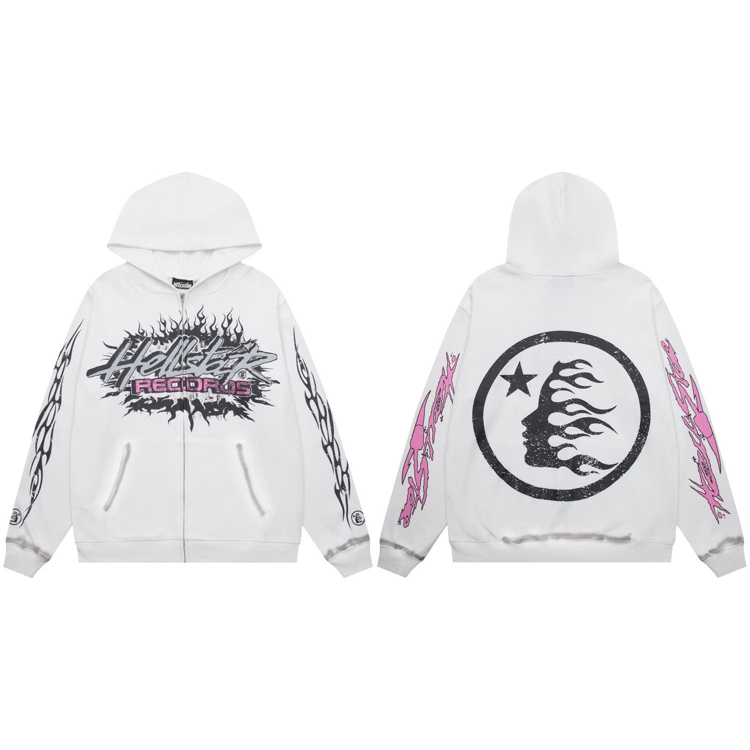 The Hellstar Sports Black Hoodie Coral Flame Circle Graphic in white features bold front text, flame designs on the sleeves, and a black flame circle graphic on the back—ideal for fans of streetwear hoodies with standout graphics.
