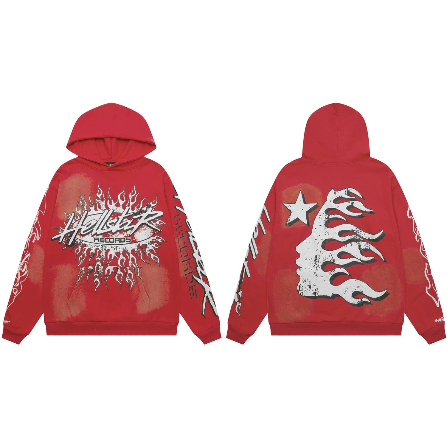 The Hellstar Records Red Flame Burst & Star Face Graphic Hoodie features bold white and black flame graphics, “Hellstar Records” text on the front, and a vintage concert vibe with a star and flame design on the back.