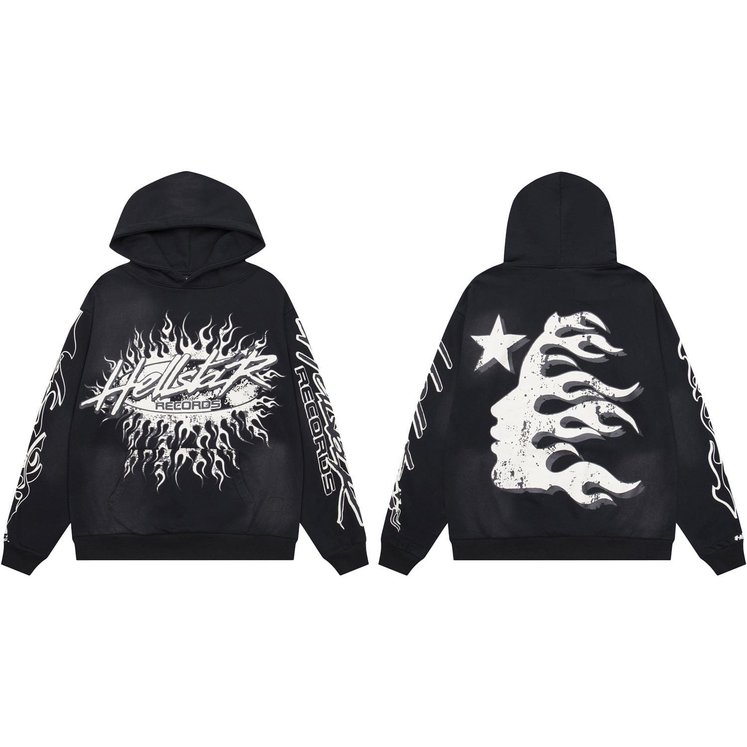 The Hellstar Records Red Flame Burst & Star Face Graphic Hoodie in black features bold white flame graphics on the sleeves and back, stylized front text, and a star face with flame hair for vintage streetwear appeal.