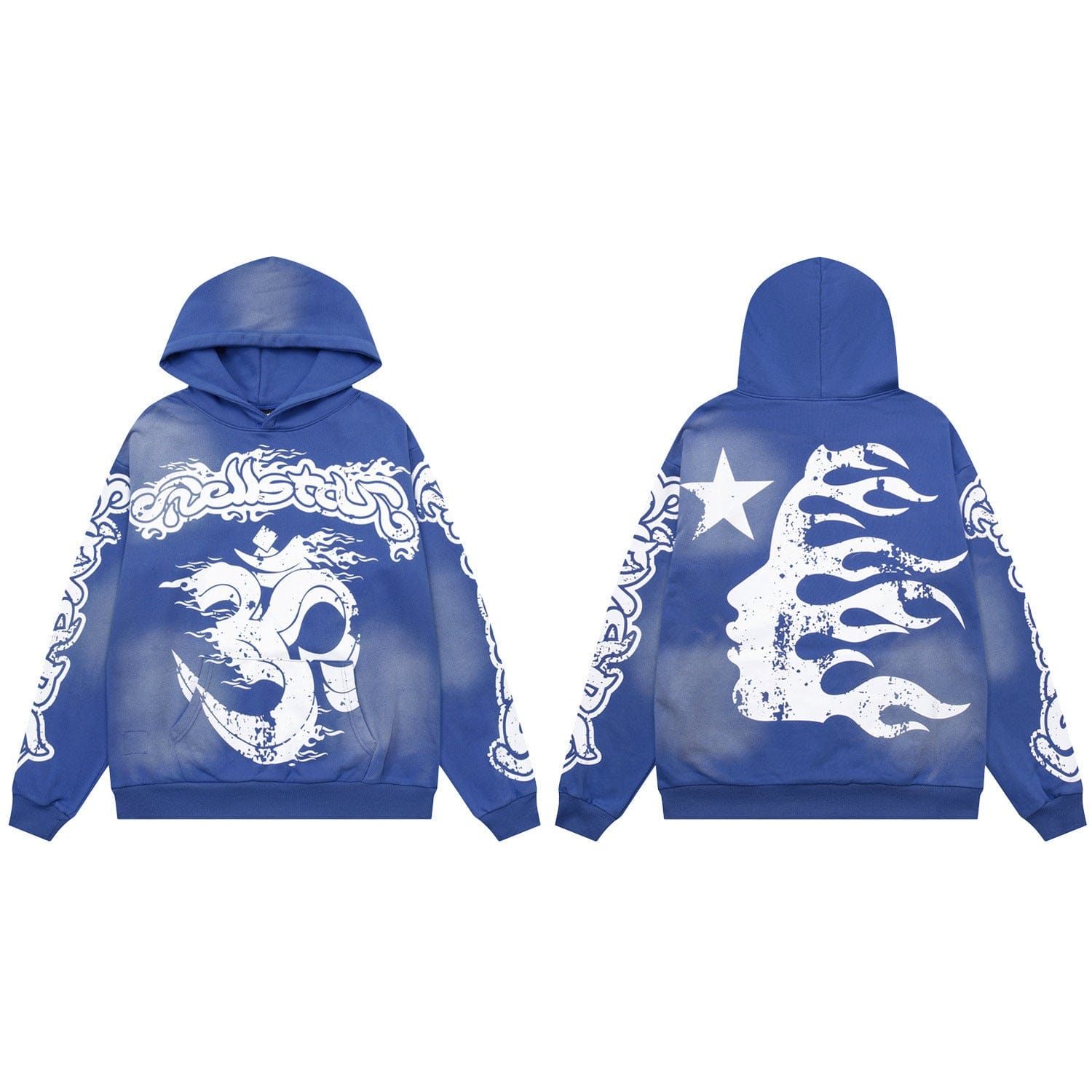 The Hellstar Washed Royal Blue Om Flame Star Graphic Hoodie features white graphics: a stylized face with goggles and clouds on the front, and a face with flame shapes plus a star on the back for vintage-inspired streetwear style.