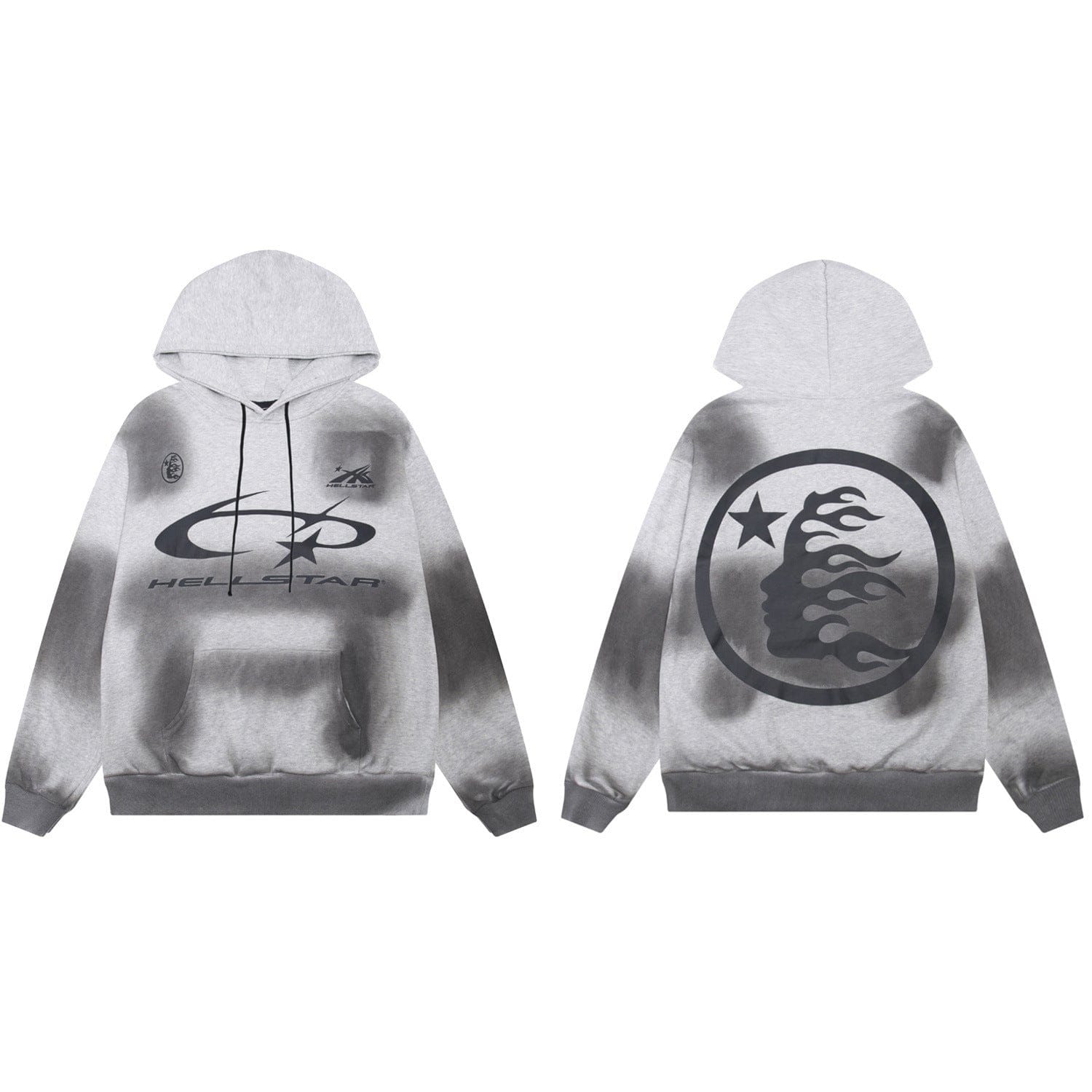 Front and back view of the Hellstar Grey Acid-Wash Flame Face Circle Logo Hoodie, featuring black abstract graphics, a flaming face circle logo, and bold text—a standout addition to any streetwear collection.