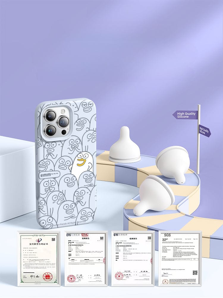 An iPhone 16 Pro Max with an Emm Duck cartoon silicone protective cover is displayed next to three baby bottle nipples on platforms, set against a pastel background. Four certificates are arranged in the foreground.