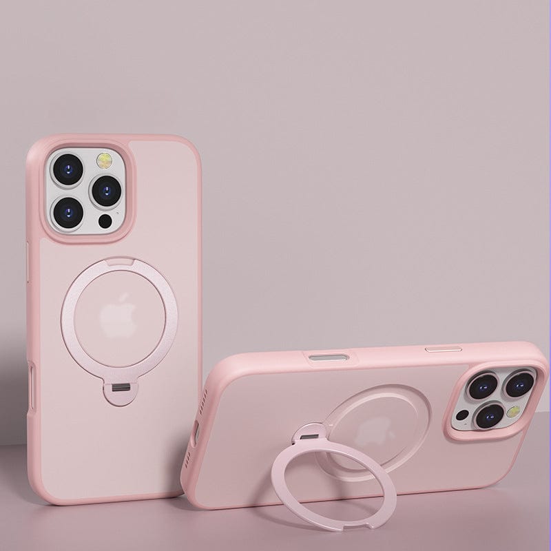 Two pink MagSafe-compatible smartphone cases, specifically designed for the iPhone 16 Pro Max, come with ring holders and camera cutouts. Displayed in both standing and lying positions, they feature a 360° rotating stand for ultimate convenience, providing a slim fit with shockproof protection and a soft-touch finish.