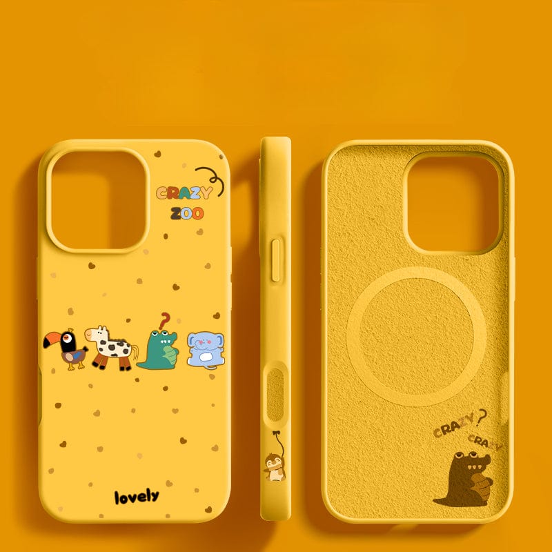 iPhone 16 Pro Max Crazy Zoo Case - Cute Animal Design in yellow, featuring cartoon animals such as a toucan, giraffe, caterpillar, and hippo. Made from liquid silicone material for shockproof protection, it also includes subtle polka dots and a small cartoon platypus on the back.