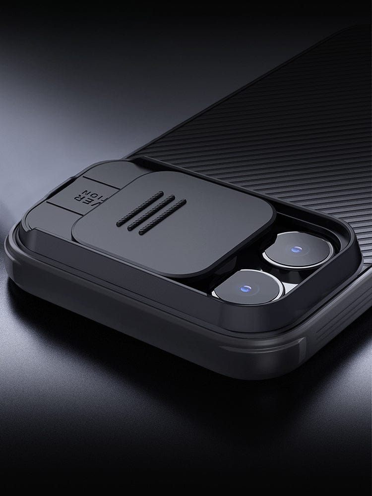 Close-up of an iPhone 16 Pro Max Camera Slider Case in black, showcasing its anti-scratch finish and a built-in storage compartment that houses two wireless earbuds.