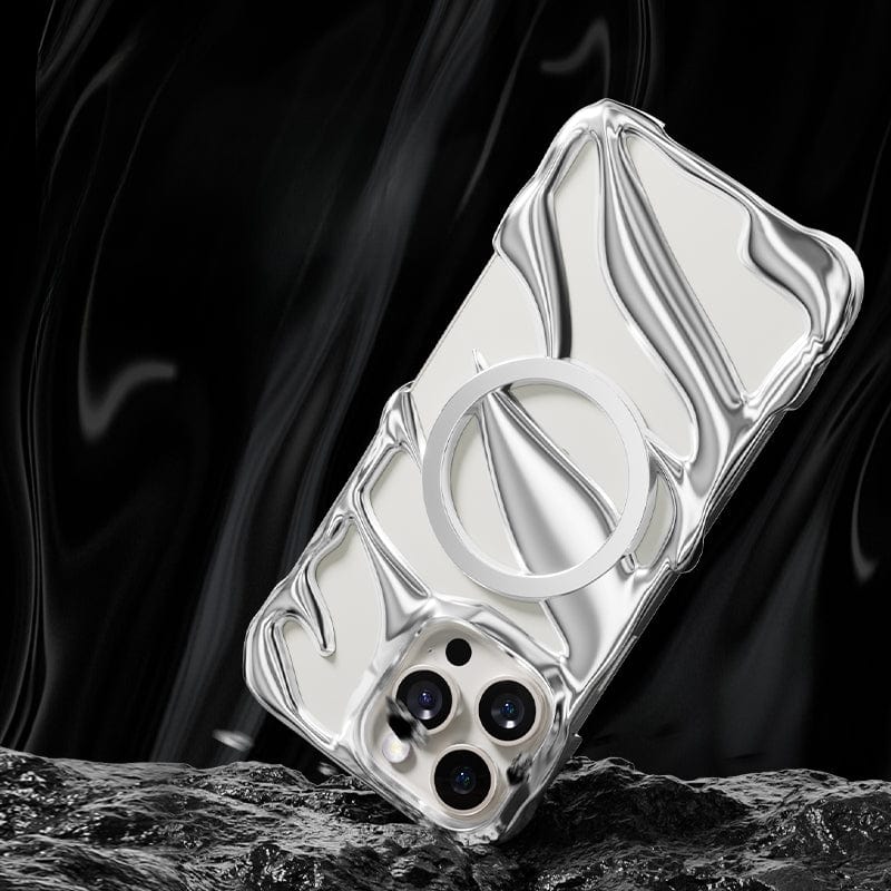 The iPhone 16 Pro Max Liquid Metal Shockproof Case features a gleaming silver, abstract patterned design with a circular stand. Set against a black textured background, it offers military-grade drop protection.