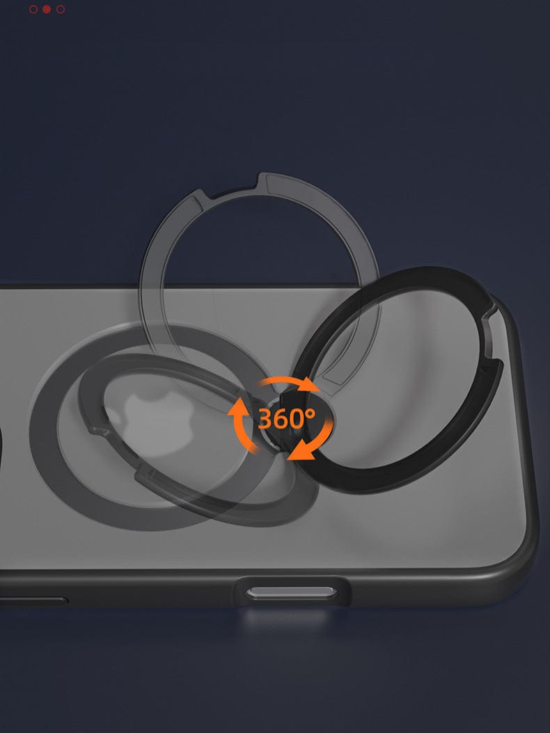 MagSafe-Compatible iPhone 16 Pro Max Case with a Slim Fit and a 360° Rotating Stand, showcased in three positions against a dark background, combines N52 magnetic absorption for seamless charging and a soft-touch finish for added protection.