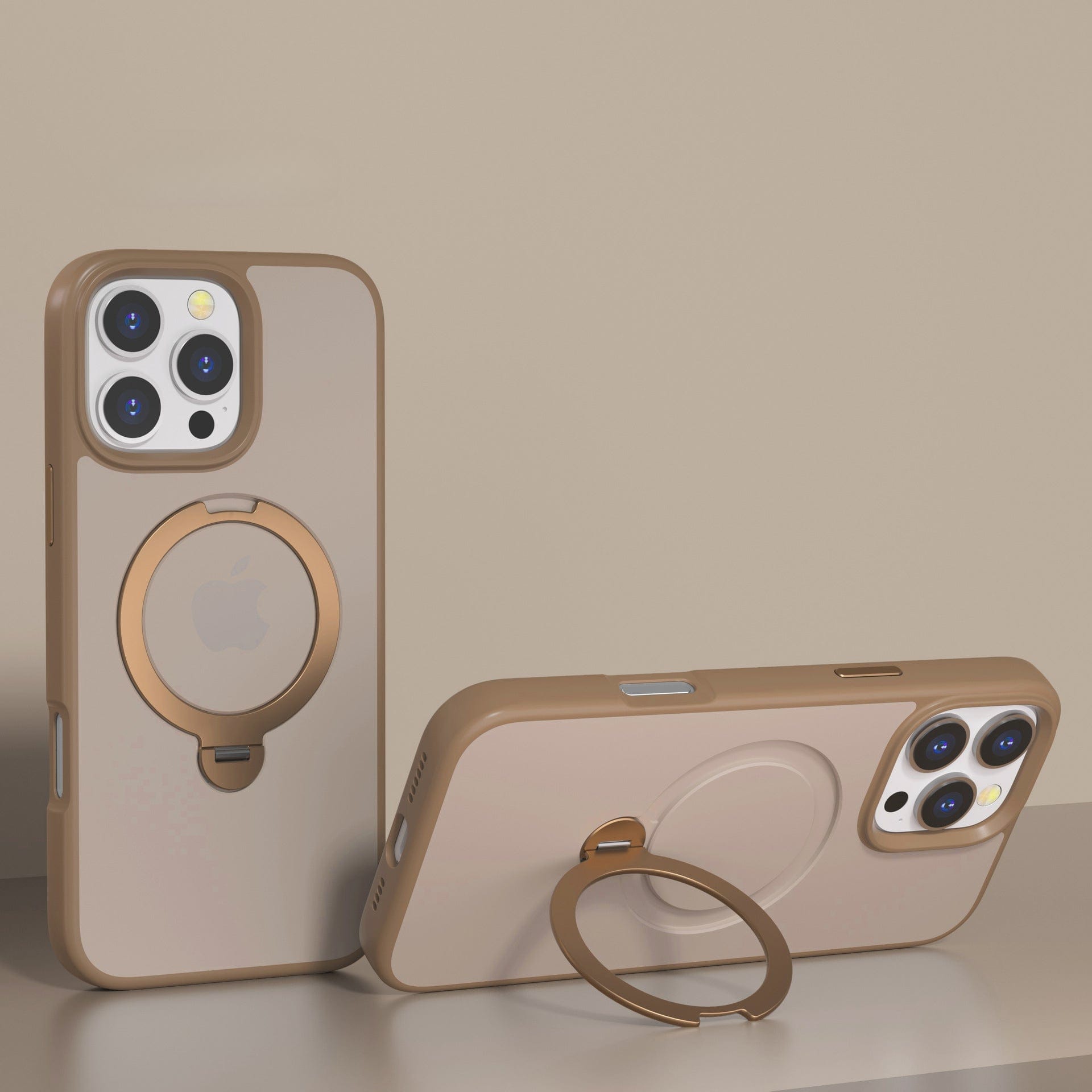 Two smartphones in beige cases with 360° rotating ring stands catch the eye. One phone is upright, while the other lies horizontally. The prominent camera cutouts on the MagSafe-Compatible iPhone 16 Pro Max case highlight its seamless connectivity, offering a slim fit, shockproof protection, and soft-touch finish with N52 magnetic absorption.
