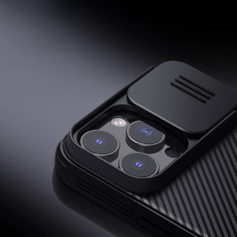 Close-up view of an iPhone 16 Pro Max with a camera slider case featuring multiple lenses in a matte black finish, offering dual-layer protection and an anti-scratch design.