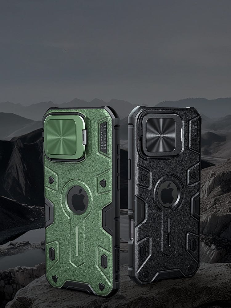 Two Rugged MagSafe iPhone 16 Pro Max Cases, one green and one black, are displayed against a mountain backdrop. The shockproof TPU + PC + metal protective cases feature sturdy designs with rear covers, hinged metal camera covers, and camera lens shields.