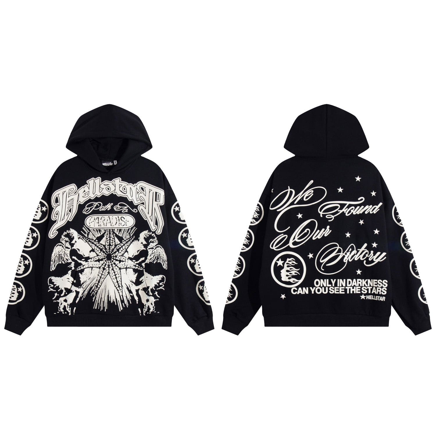 The Hellstar Path To Paradise Angel Star Graphic Black Hoodie features bold white front graphics and detailed illustrations, with a large script, star-themed designs, and subtle paradise-inspired accents on the back for signature Hellstar style.