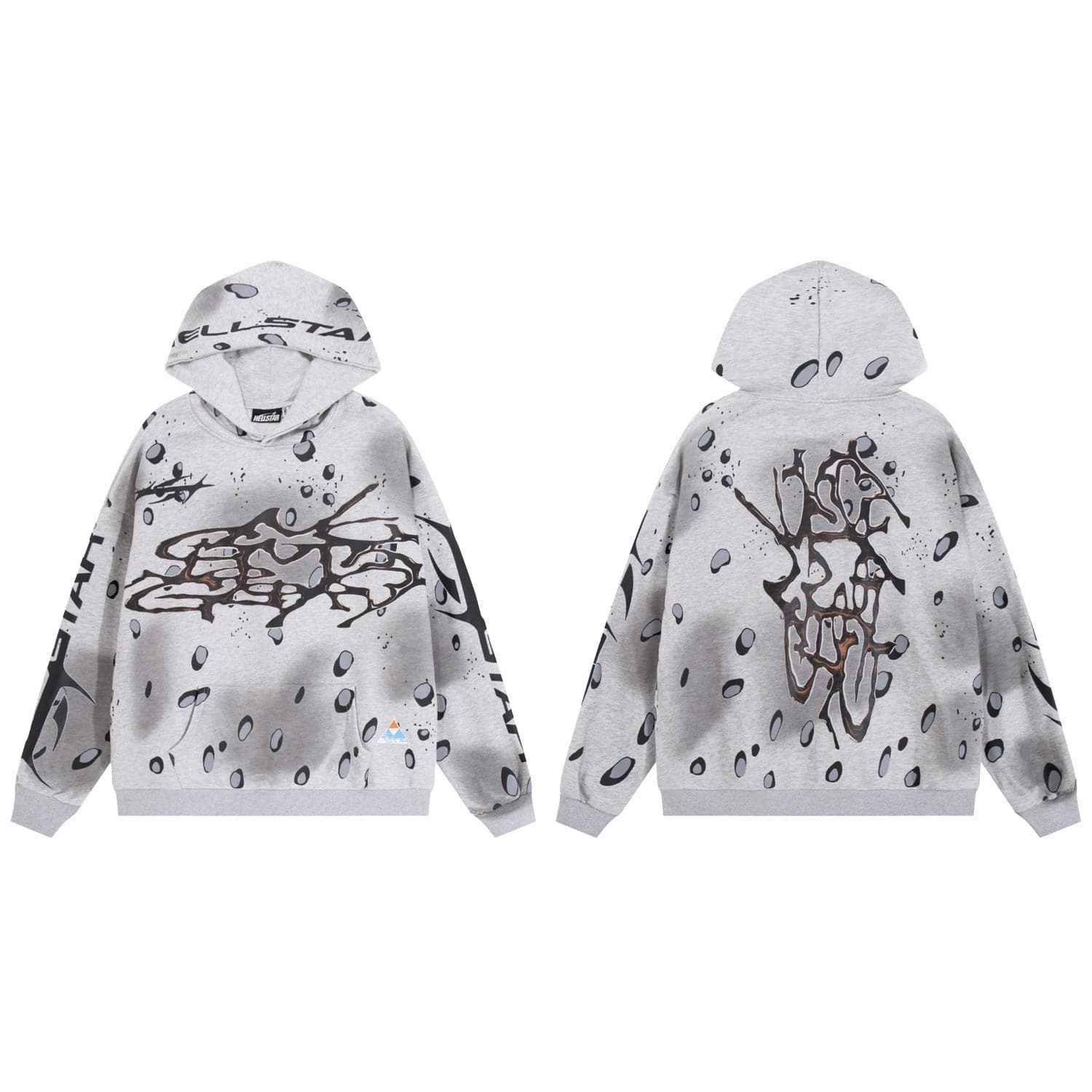 Front and back view of the Hellstar Grey Melted Skull Bone Graphic Splatter Oversized Hoodie, featuring abstract graffiti-style designs, skull bone graphics, and splatter details in a trendy oversized fit.