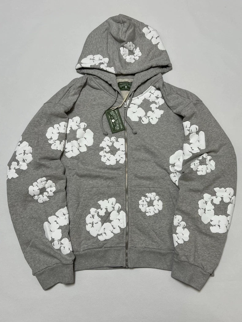 Denim Tears Cotton Wreath Puff Print Zip Hoodie Grey