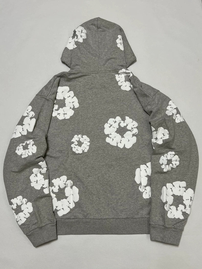 Denim Tears Cotton Wreath Puff Print Zip Hoodie Grey