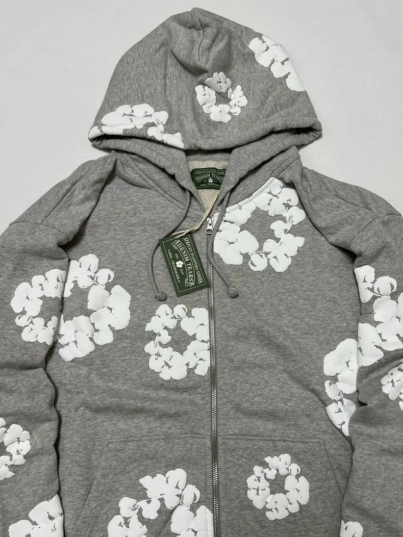 Denim Tears Cotton Wreath Puff Print Zip Hoodie Grey
