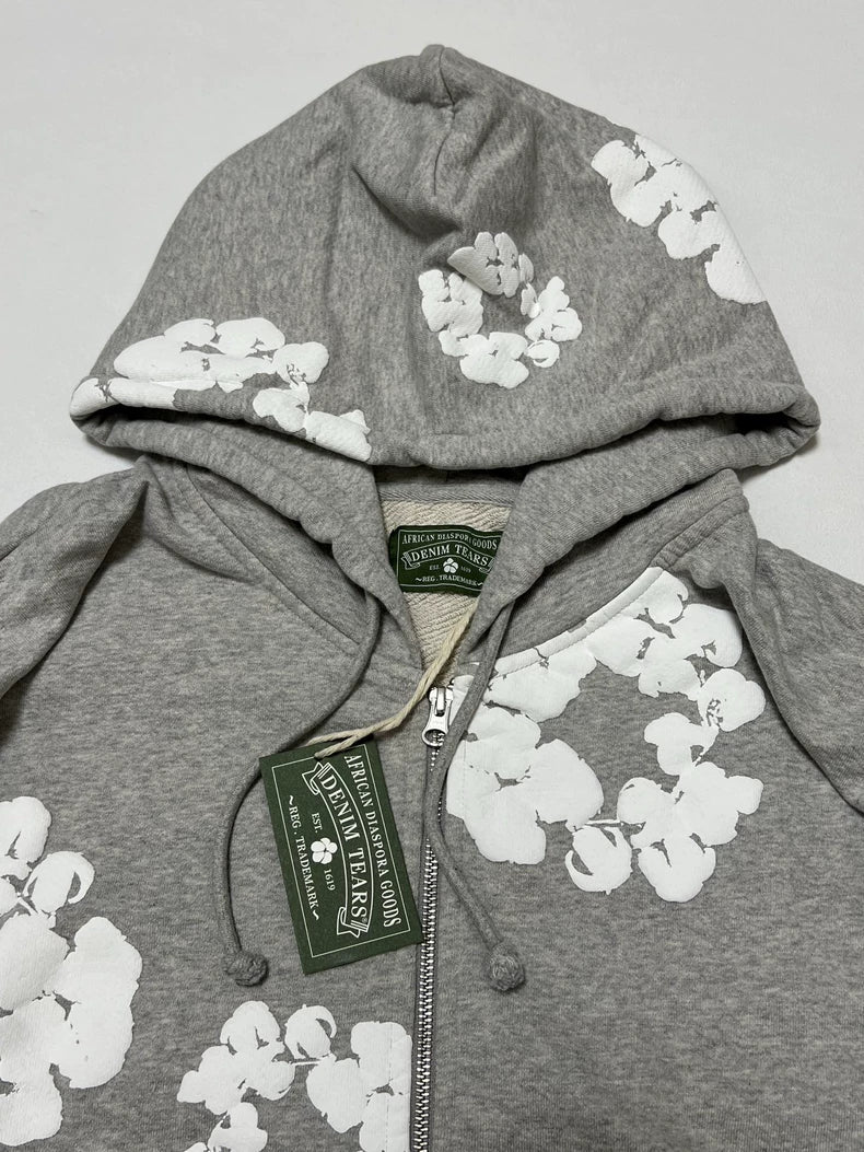 Denim Tears Cotton Wreath Puff Print Zip Hoodie Grey