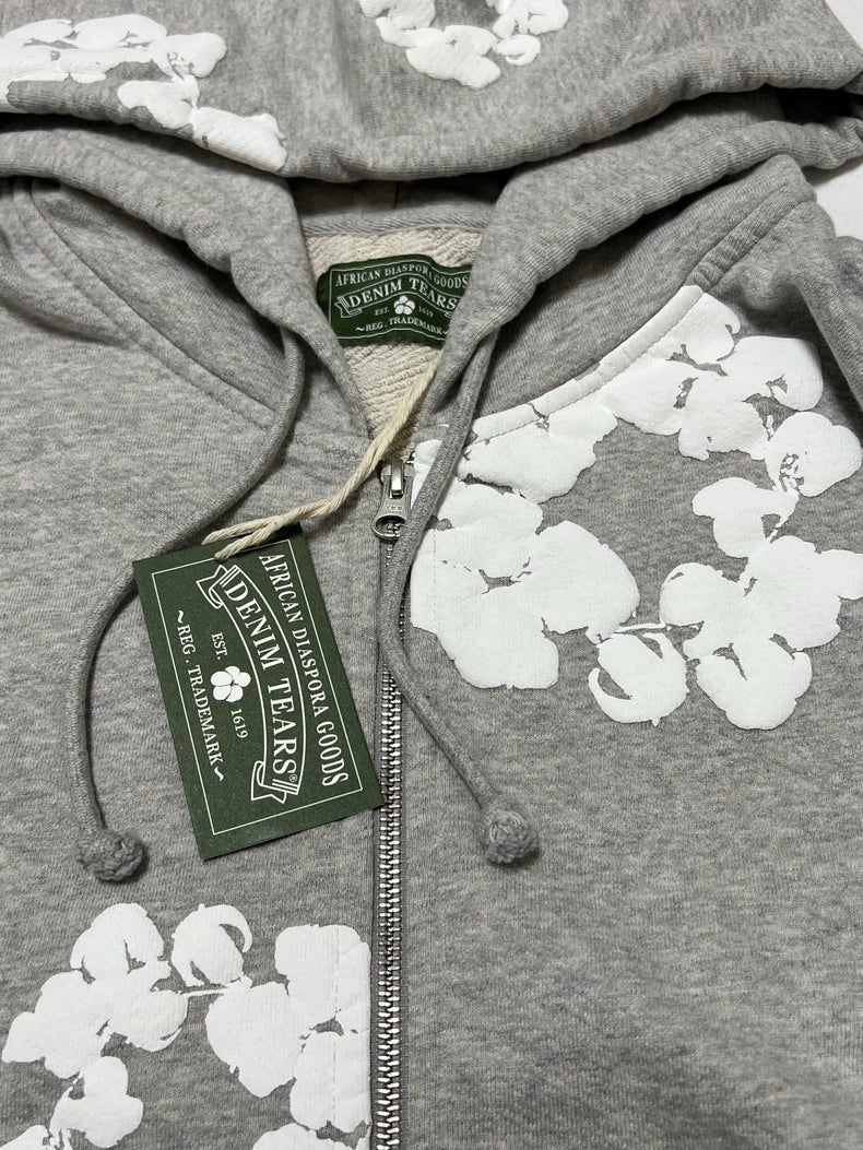 Denim Tears Cotton Wreath Puff Print Zip Hoodie Grey