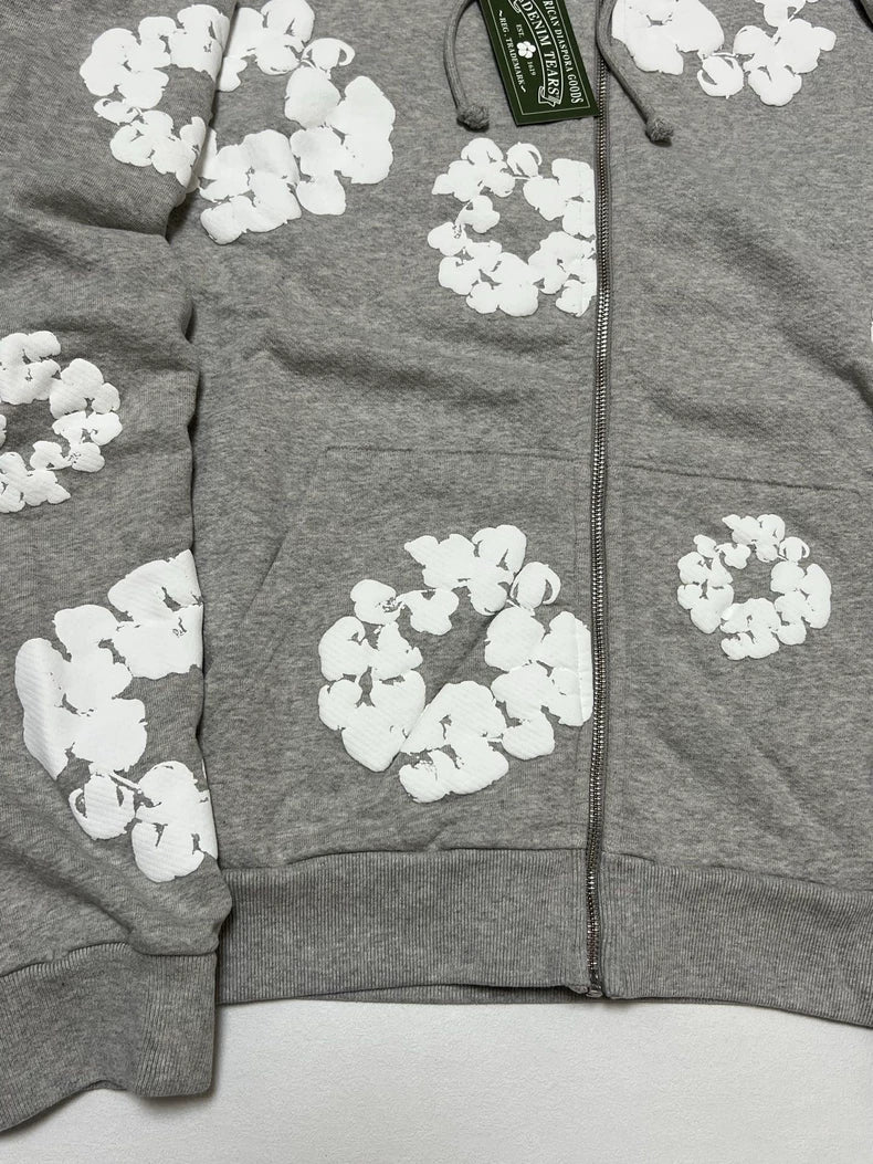 Denim Tears Cotton Wreath Puff Print Zip Hoodie Grey