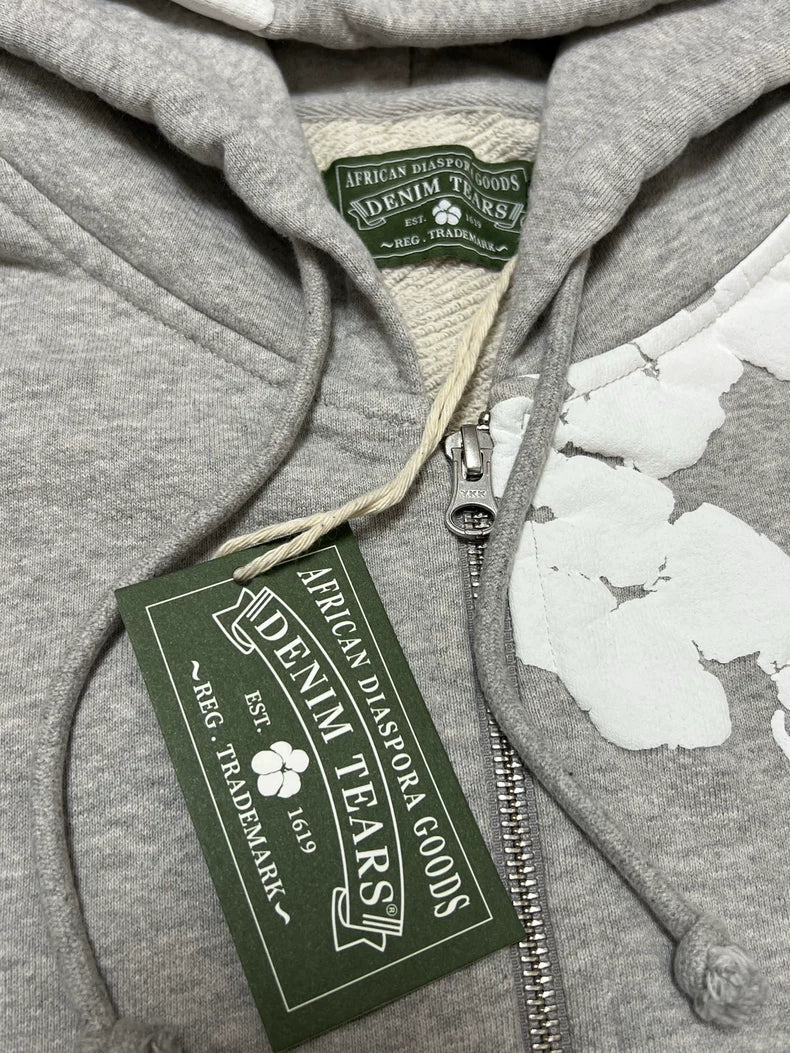 Denim Tears Cotton Wreath Puff Print Zip Hoodie Grey