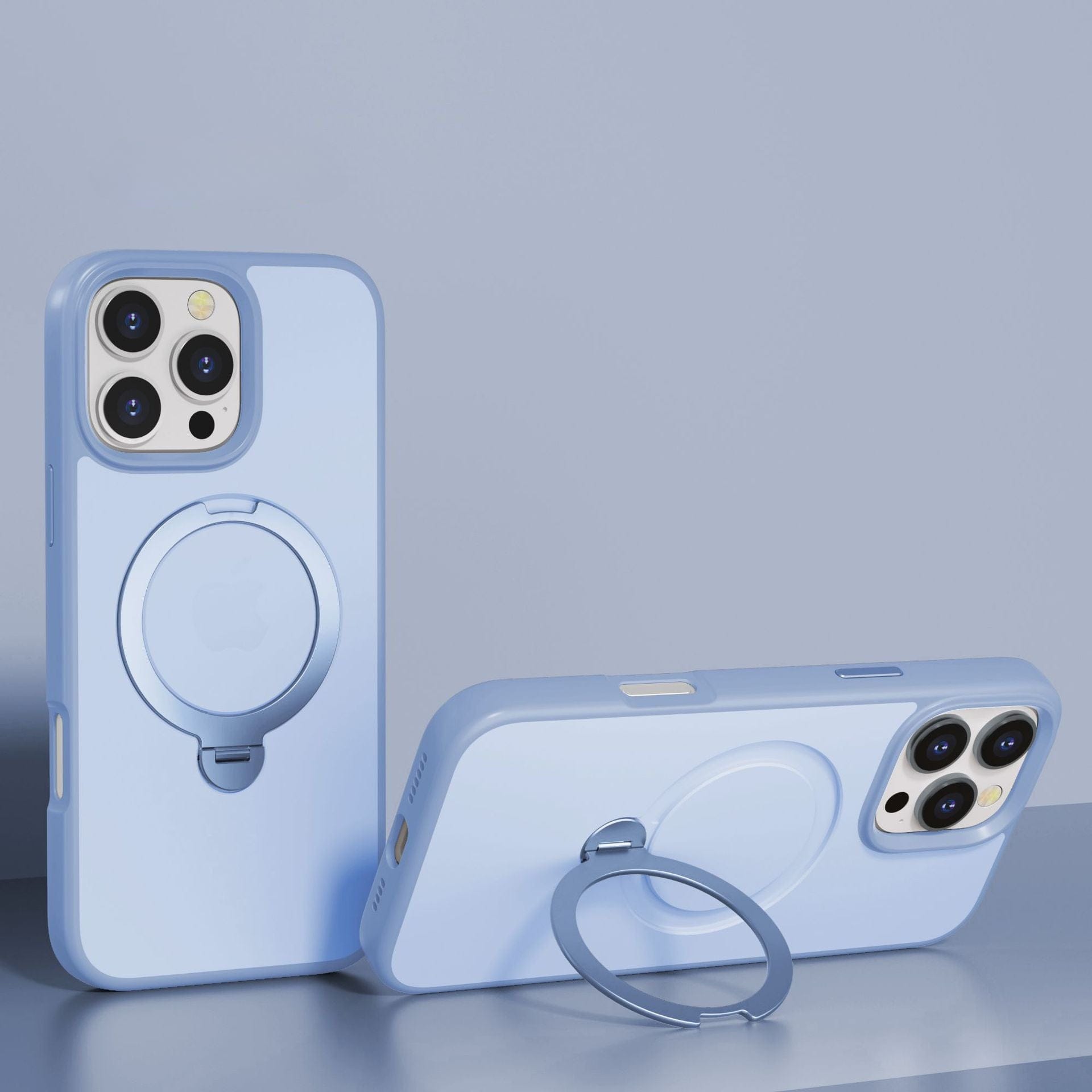 Two MagSafe-Compatible iPhone 16 Pro Max cases in light blue, featuring a circular 360° rotating stand, are displayed on a flat surface, highlighting their sleek design and modern functionality.