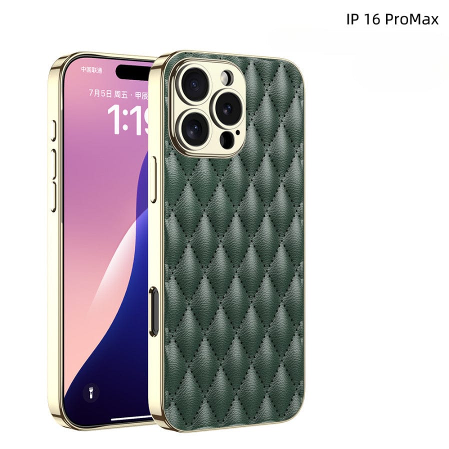 Smartphone featuring an iPhone 16 Pro Max case with a green, quilted leather texture that reveals the rear cameras and front screen displaying the time 1:19 and date in Chinese. Text in the corner reads "iPhone 16 Pro Max Case - Quilted Leather Texture, Shockproof, Luxury PU Leather Cover.
