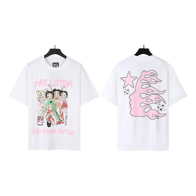 Hellstar Paradise White Tee with Pink Flame & Star Graphics