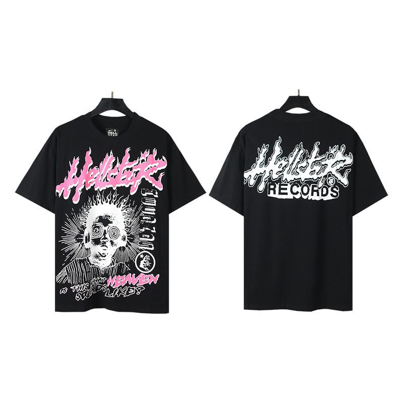 Hellstar Records Neon Pink Flame Graphic T-Shirt with Hypnotic Portrait