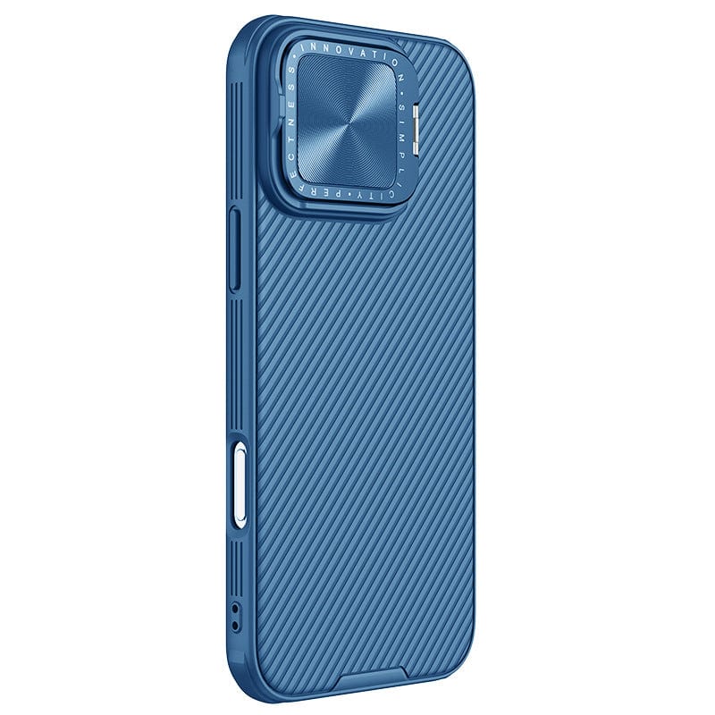 A blue Shockproof Slim Fit iPhone 16 Pro Max Case with MagSafe features a striped texture, dual-layer protection, and a square raised section around the camera area for enhanced durability. Its anti-slip grip ensures secure handling.