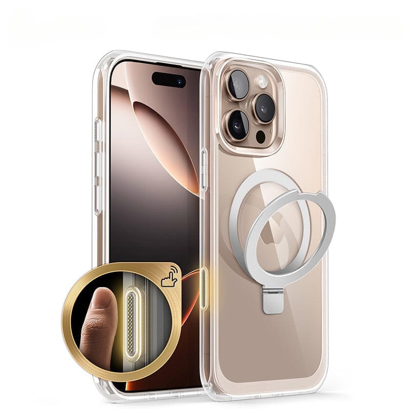 A clear ring holder case for the iPhone 16 Pro Max featuring full-body shockproof protection, a magnetic ring stand on the back, and a dedicated camera control button for enhanced functionality.