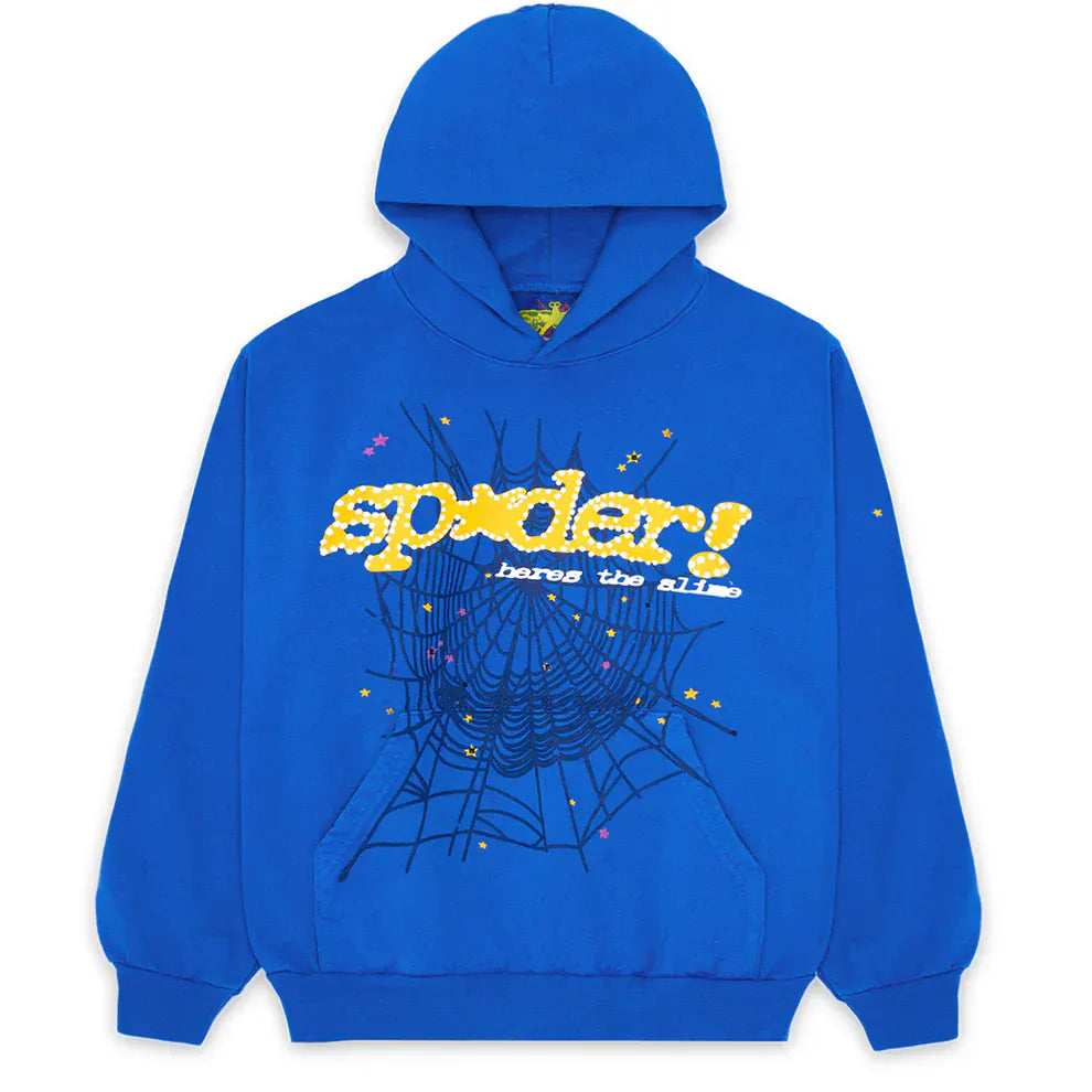 Sp5der “Hares the Slime” Hoodie (440GSM) – Royal Blue Fuzzy Logo Spider-Web Graphic
