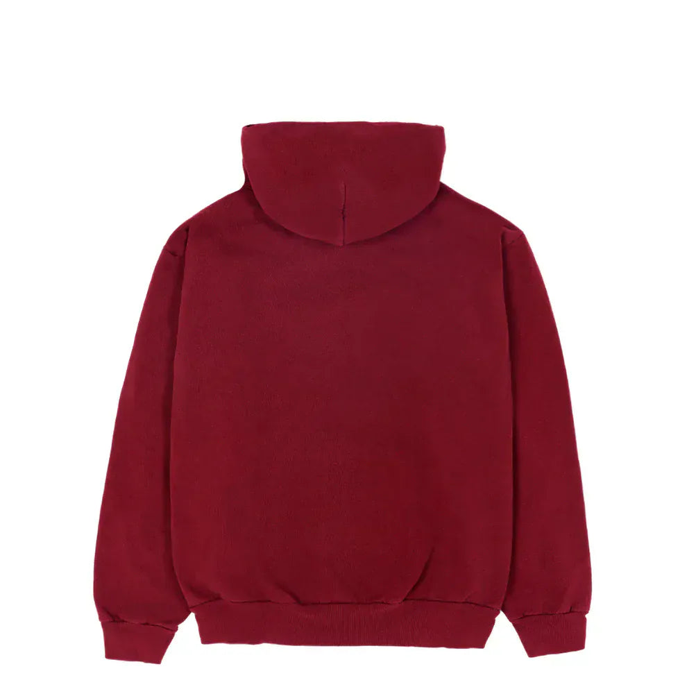 The Burgundy Sp5der Hoodie with Spider Web Print is shown from the back, highlighting its heavyweight 440GSM comfort fit, long sleeves, and ribbed cuffs and hem for a cozy feel.