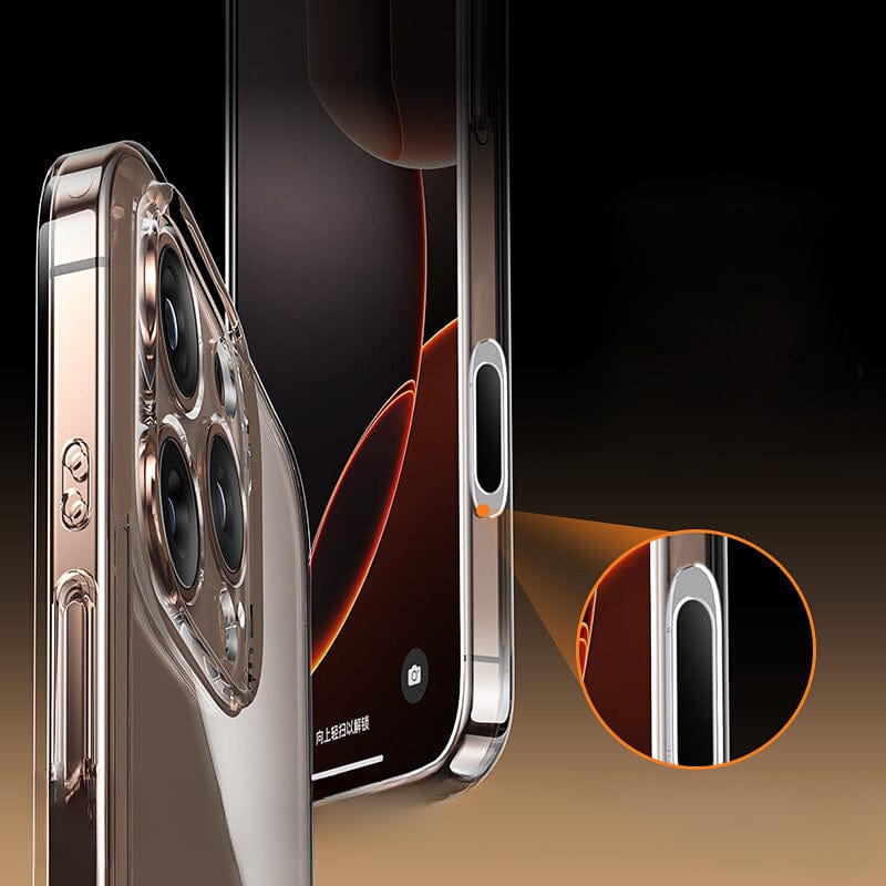 Close-up image showcasing the iPhone 16 Pro Max Clear Case with a transparent design, focusing on its rear triple camera setup and side slot, highlighted in an inset detail view. The case features AR-coated anti-fingerprint surface technology for enhanced clarity and cleanliness, along with anti-yellowing properties and magnetic adsorption for secure attachment.