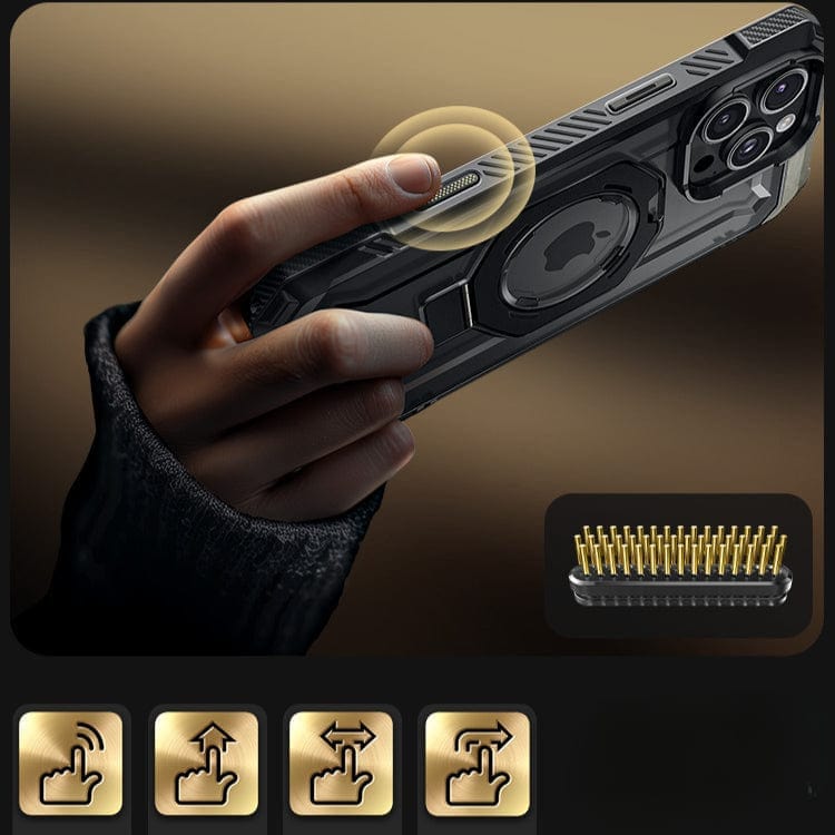 Close-up of a hand adjusting the exclusive Camera Control Button on the iPhone 16 Pro Max Armor Case, showcasing its rugged design with N52+ Strong Magnetic Adsorption and visible internal components. The image also includes icons illustrating button functionalities.