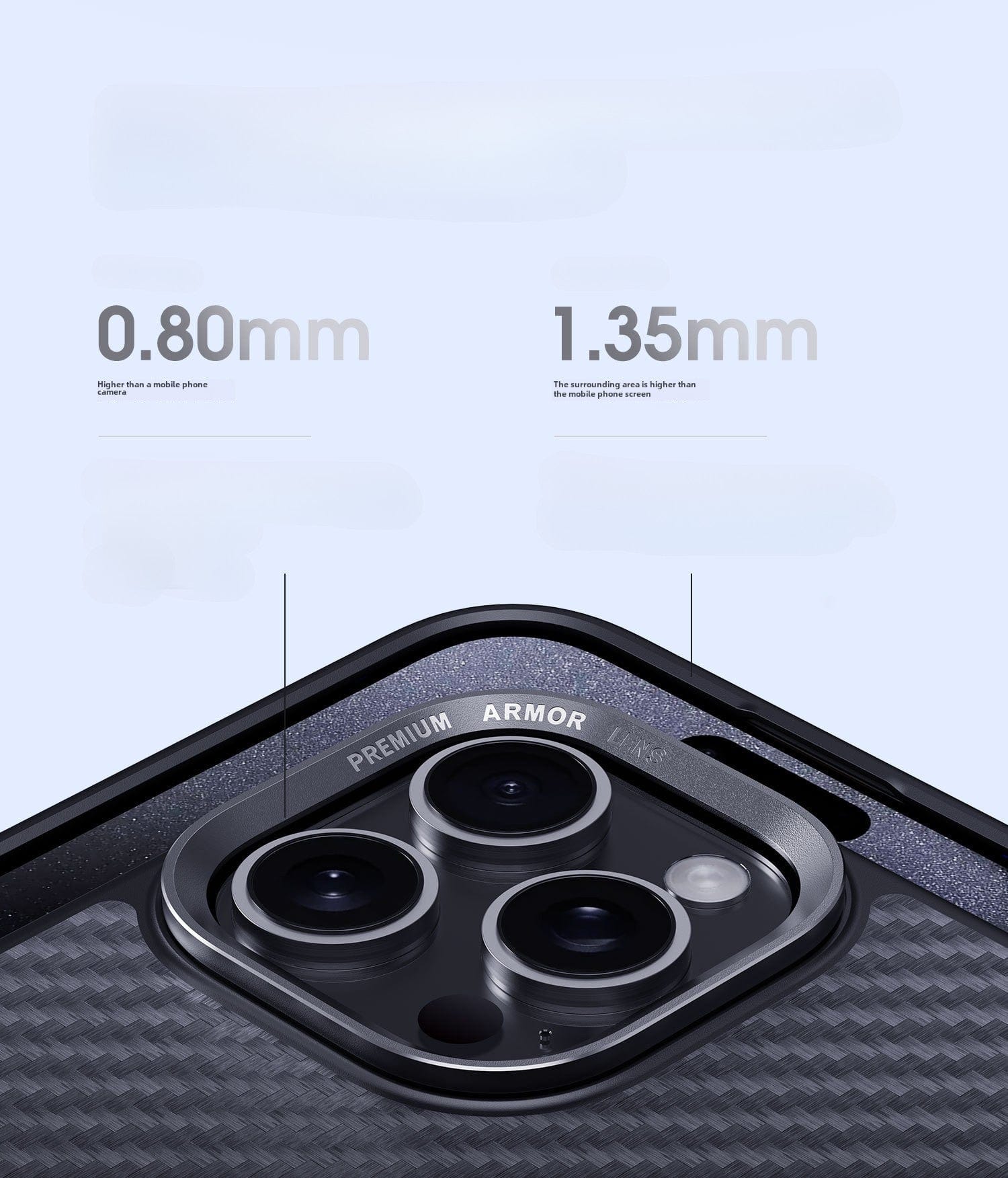 Close-up view of an iPhone 16 Pro Max Kevlar Fiber Case showcasing the camera lens area. Text indicates the ultra-slim case thickness at 0.80mm and an increased lens protection height of 1.35mm, designed for MagSafe Compatibility with its 38-Magnet system.