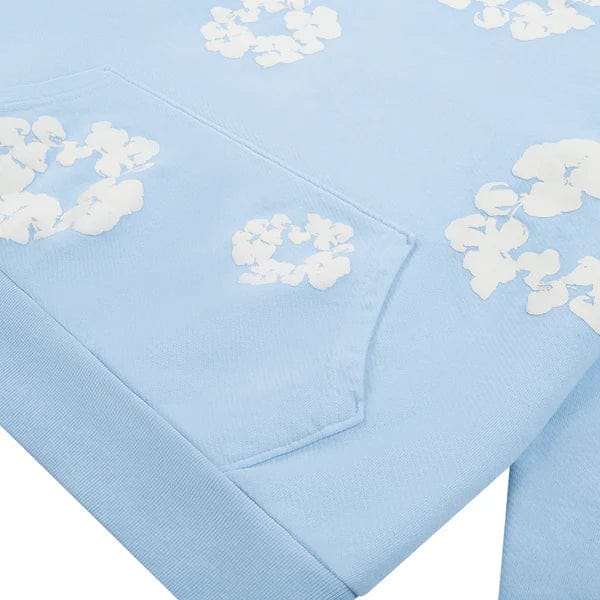 Light Blue “Cotton Wreath” Denim Tears Hoodie – White Floral Print Streetwear Pullover