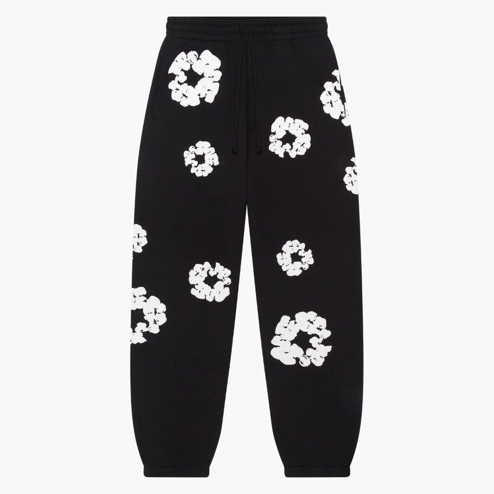 Black “Cotton Wreath” Denim Tears Sweatpants – White Floral Print Streetwear Pants
