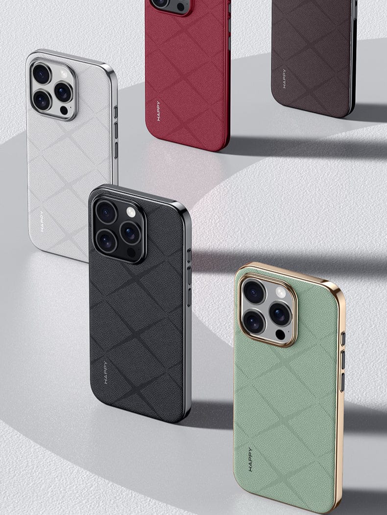 Four iPhone 16 Pro Max smartphones with premium leather cases in black, white, red, and green are displayed against a neutral background. These quilted-textured cases not only enhance style but also offer camera protection. They're shockproof and durable, ensuring your phone's safety with elegance while featuring a refined metal button finish.