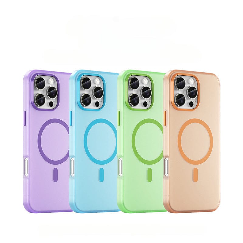 Four vibrant iPhone 16 Pro Max Frosted Semi-Transparent MagSafe Cases with anti-fingerprint and shockproof protection are featured in purple, blue, green, and beige colors.