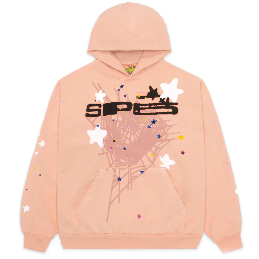 Sp5der Star Web Hoodie – Peach Pink 440GSM Heavyweight Oversized Streetwear Pullover