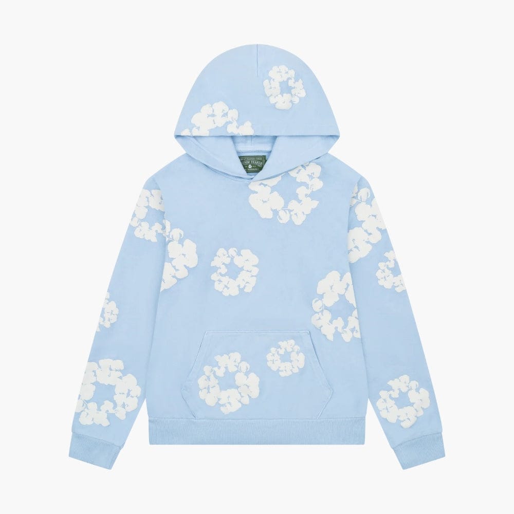 Light Blue “Cotton Wreath” Denim Tears Hoodie – White Floral Print Streetwear Pullover
